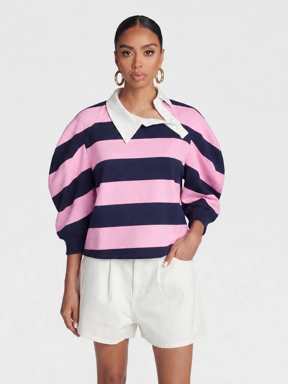 Striped Pink & Navy Puff-Sleeve Crop Top with Contrast Collar